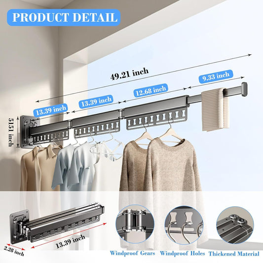 Wall-Mounted Folding Drying Rack with Windproof Holes & Retractable Rod for Balcony, Bathroom & Indoor Use V1107-CS-MDKZDLYJH