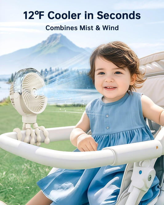Portable Misting Stroller Fan with 4 Speeds & 360 degrees Adjustable Tripod, Quiet Rechargeable Baby Fan for V1107-CS-MNBZYFSM
