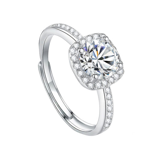 Elegant Square Moissanite Ring - 1 Carat Halo Design in S925 Sterling Silver | Adjustable Band for Women | V1107-CS-MSSZJ