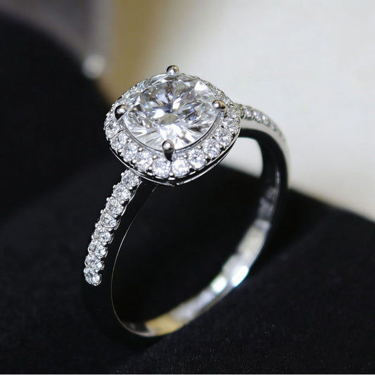 Elegant Square Moissanite Ring - 1 Carat Halo Design in S925 Sterling Silver | Adjustable Band for Women | V1107-CS-MSSZJ