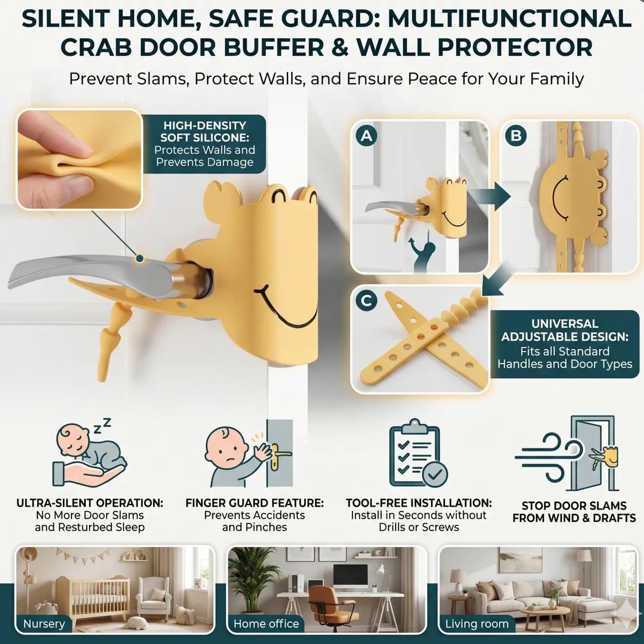 5-Pack Cute Crab-Shaped Silicone Door Lock Silencer, Adjustable Anti-Slam & Finger Guard for Bedroom & V1107-CS-MTXYDF
