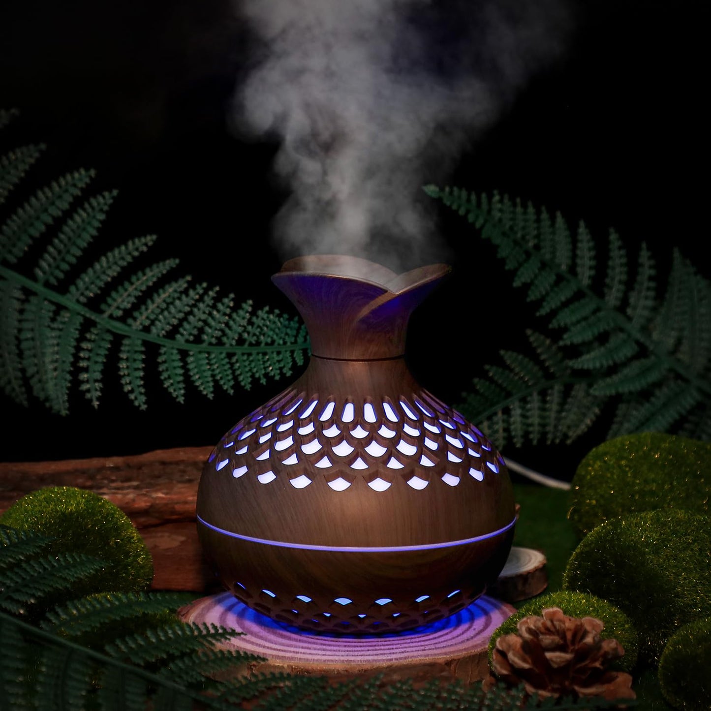 Portable USB Humidifier with 7-Color LED Night Light - Wood Grain Flower Design, Quiet Cool Mist Diffuser for V1107-CS-MWHDJSQA