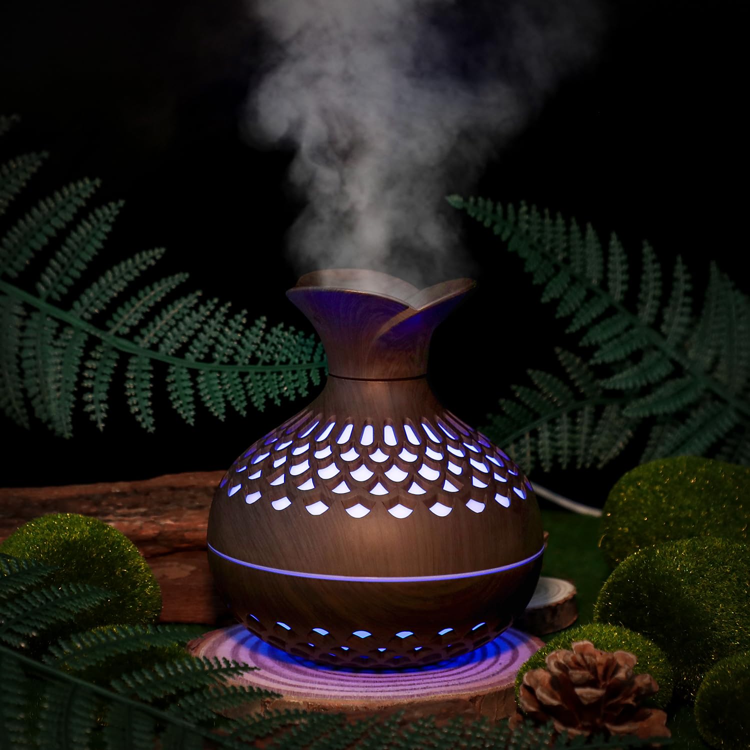 Portable USB Humidifier with 7-Color LED Night Light - Wood Grain Flower Design, Quiet Cool Mist Diffuser for V1107-CS-MWHDJSQA