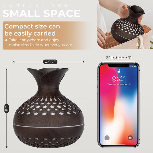 Portable USB Humidifier with 7-Color LED Night Light - Wood Grain Flower Design, Quiet Cool Mist Diffuser for V1107-CS-MWHDJSQA