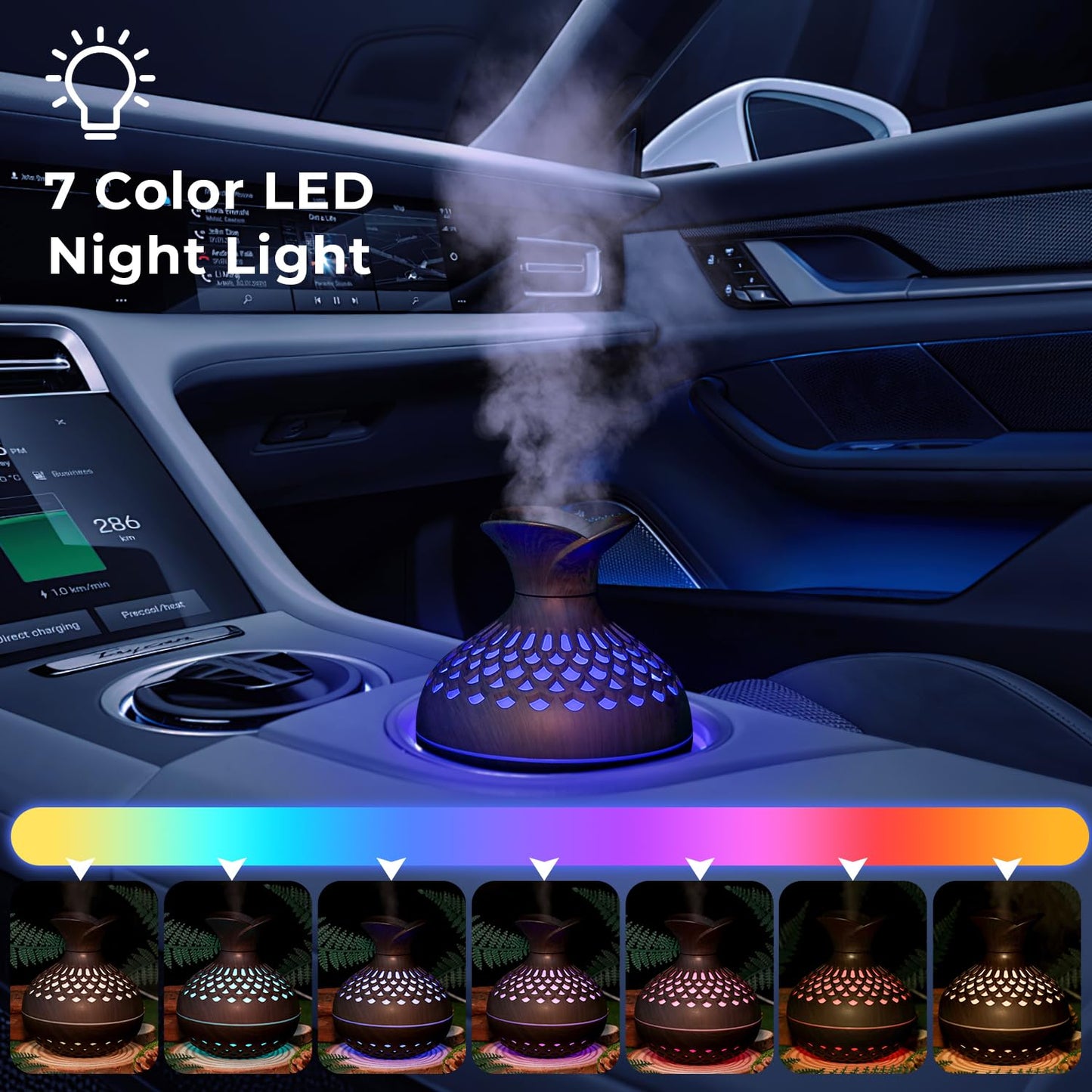 Portable USB Humidifier with 7-Color LED Night Light - Wood Grain Flower Design, Quiet Cool Mist Diffuser for V1107-CS-MWHDJSQA