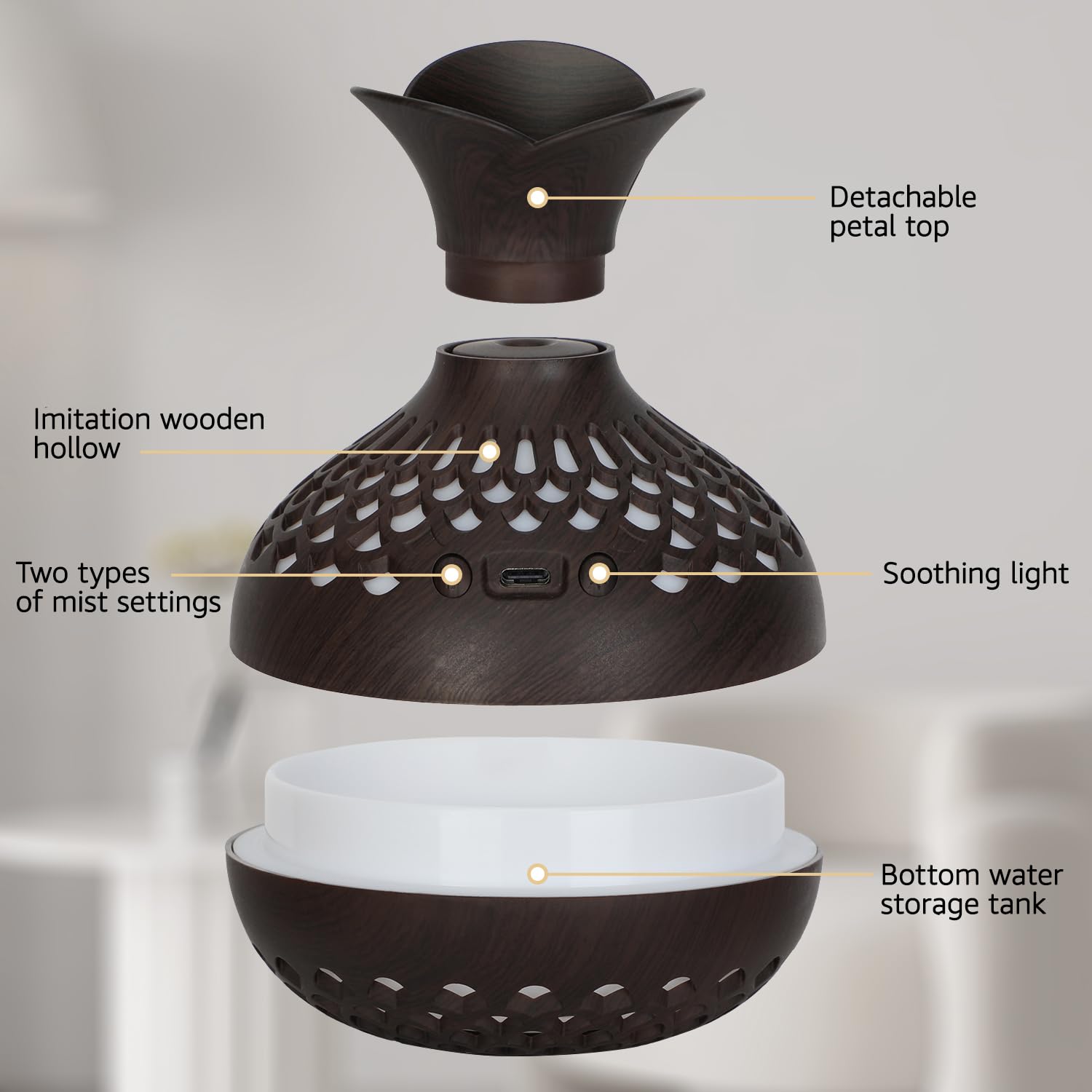 Portable USB Humidifier with 7-Color LED Night Light - Wood Grain Flower Design, Quiet Cool Mist Diffuser for V1107-CS-MWHDJSQA