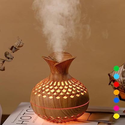 Portable USB Humidifier with 7-Color LED Night Light - Wood Grain Flower Design, Quiet Cool Mist Diffuser for V1107-CS-MWHDJSQQ