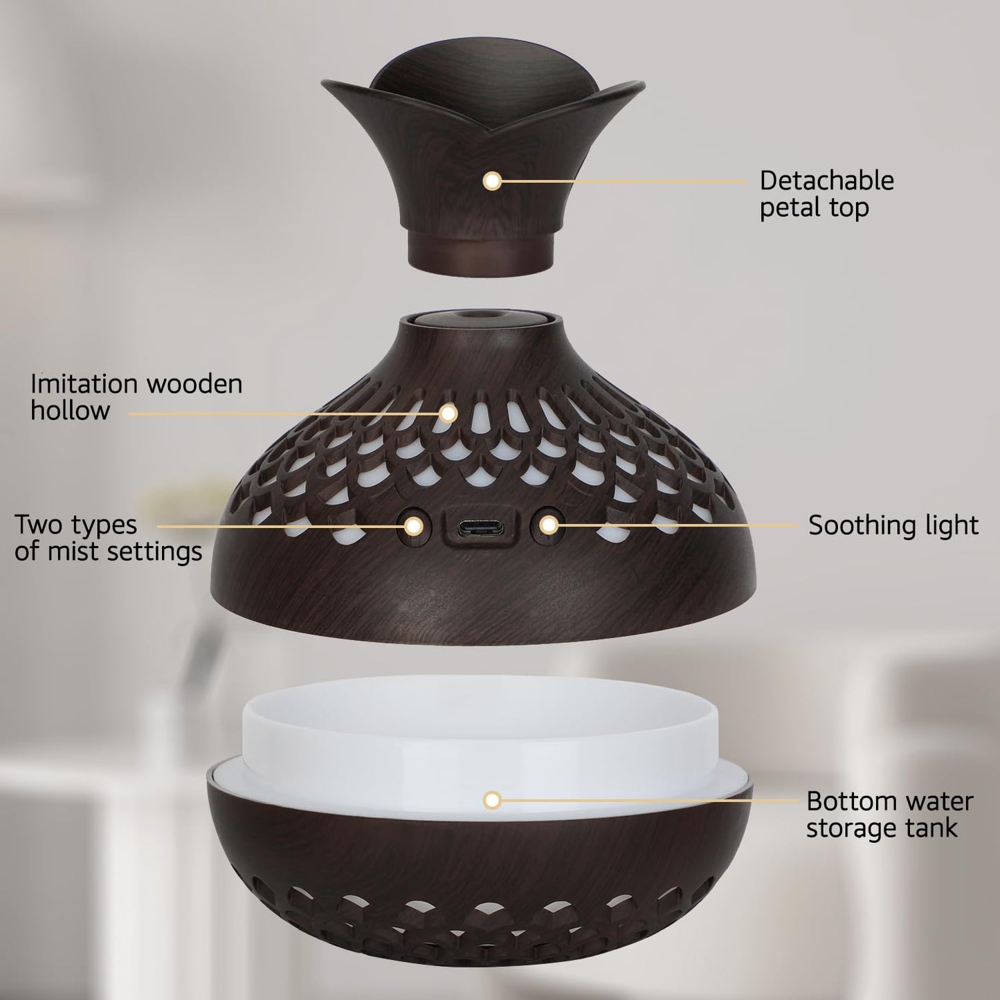 Portable USB Humidifier with 7-Color LED Night Light - Wood Grain Flower Design, Quiet Cool Mist Diffuser for V1107-CS-MWHDJSQQ