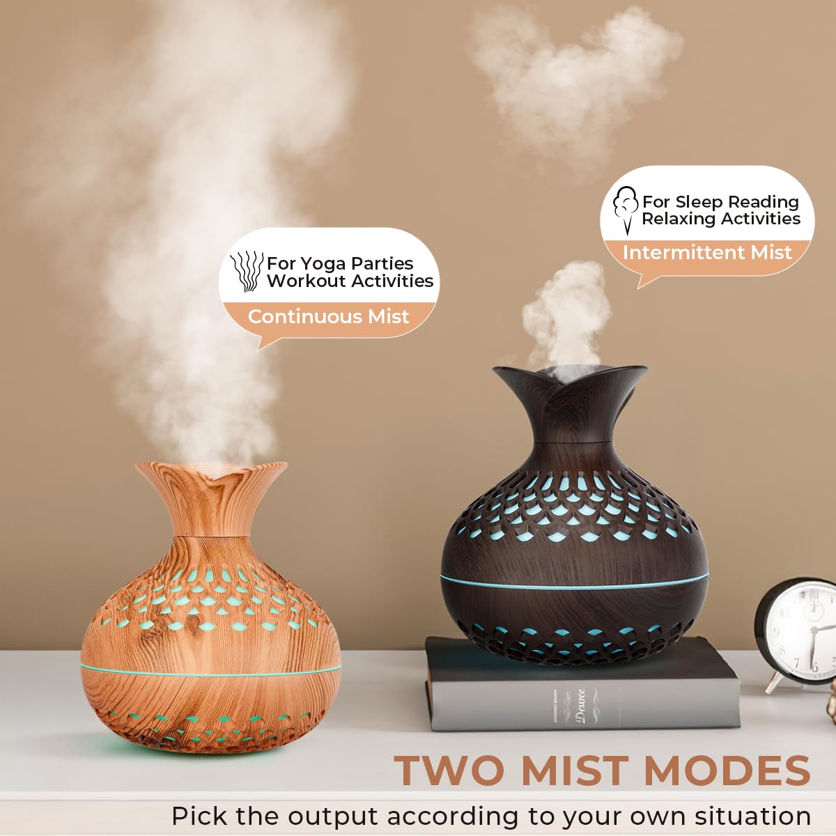 Portable USB Humidifier with 7-Color LED Night Light - Wood Grain Flower Design, Quiet Cool Mist Diffuser for V1107-CS-MWHDJSQQ