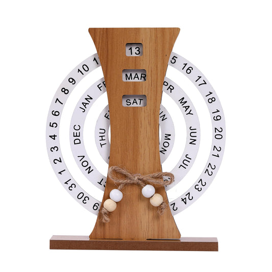 Wooden Perpetual Calendar with Rotating Discs - Elegant Desk Decor for Home & Office, Date Day Month Display V1107-CS-MZRL1