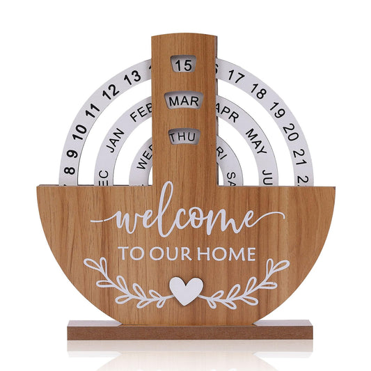Wooden Perpetual Calendar with "Welcome to Our Home" Design - Rotating Desk Decor for Office & Living Space V1107-CS-MZRL2