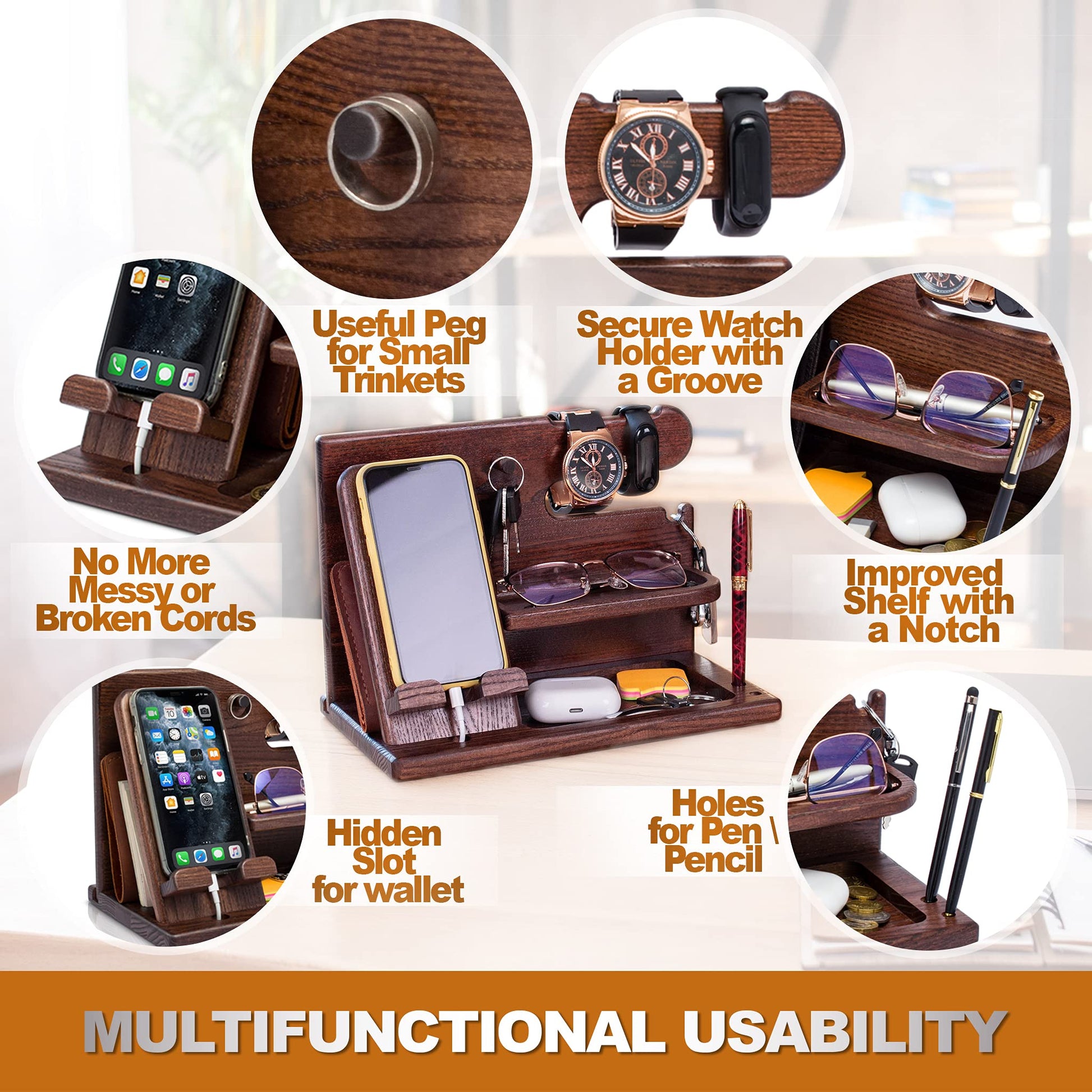 Wooden Desk Organizer for Men - Multi-Function Phone Stand, Watch & Glasses Holder, Key & Wallet Tray V1107-CS-MZSJZJ