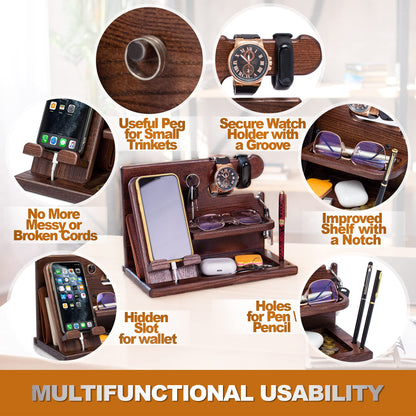 Wooden Desk Organizer for Men - Multi-Function Phone Stand, Watch & Glasses Holder, Key & Wallet Tray V1107-CS-MZSJZJ