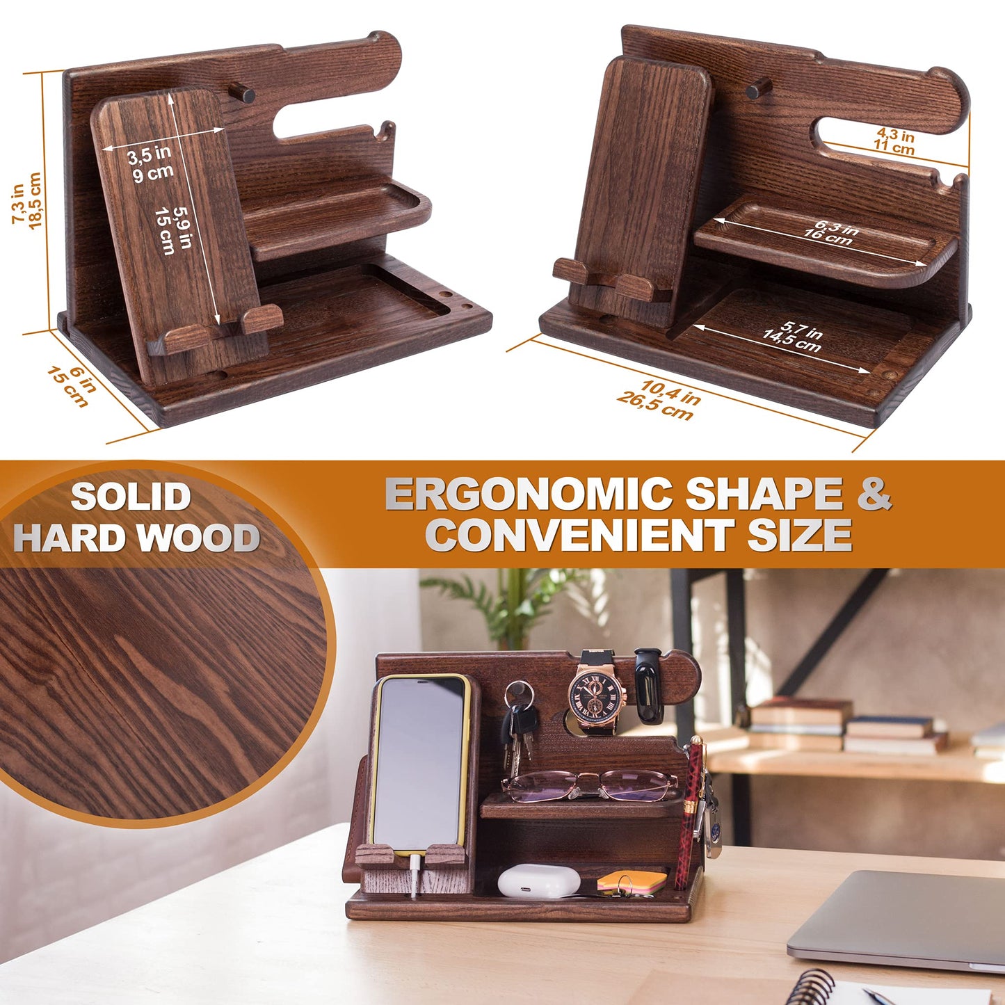 Wooden Desk Organizer for Men - Multi-Function Phone Stand, Watch & Glasses Holder, Key & Wallet Tray V1107-CS-MZSJZJ