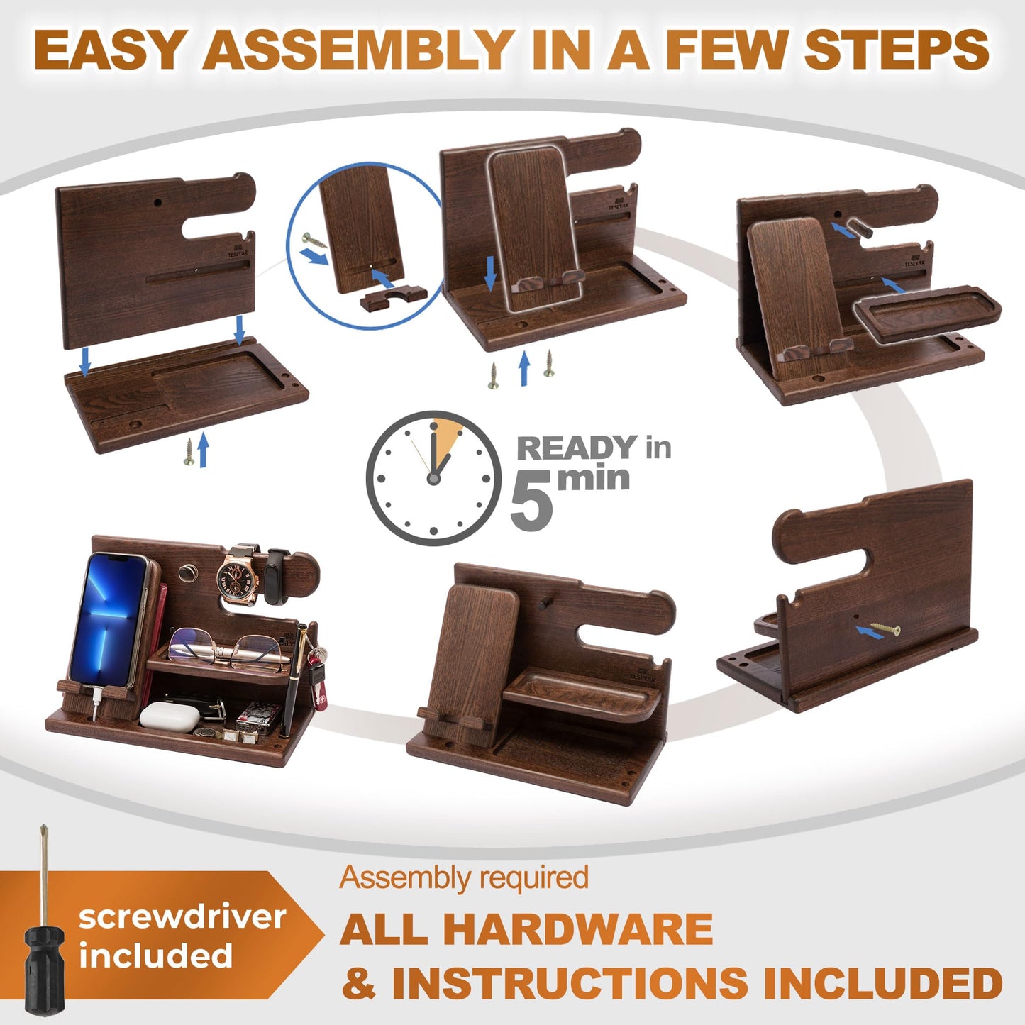 Wooden Desk Organizer for Men - Multi-Function Phone Stand, Watch & Glasses Holder, Key & Wallet Tray V1107-CS-MZSJZJ