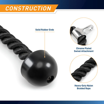 Heavy-Duty Dual-Handle Triceps Rope for Cable Machine - Braided Nylon Fitness Attachment with Rubber Ends V1107-CS-NLSTJS