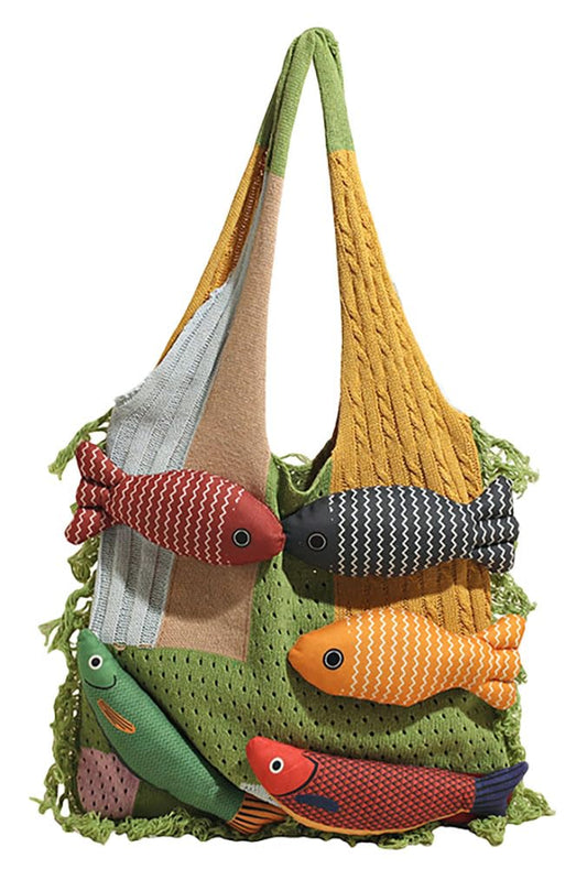 Boho Knit Tote Bag with 3D Fish Applique - Patchwork Shoulder Bag for Women, Beach, Travel & Daily Use - Soft V1107-CS-NXZZDJBL