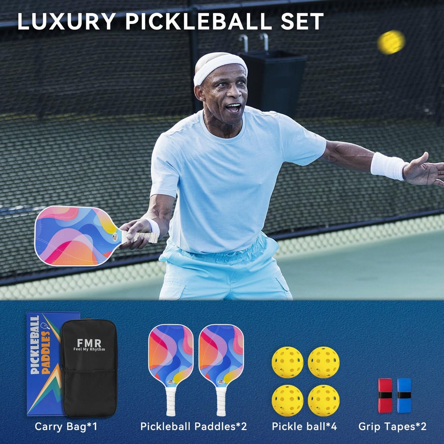 Pickleball Paddle Set with 4 Balls - Fiberglass Surface, Lightweight Grip | Indoor & Outdoor Play V1107-CS-PKQPTZ