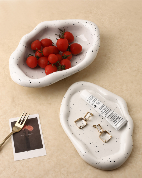 Speckled White Ceramic Tray Set (Round+Long+Irregular) - Jewelry Organizer & Fruit Dish for Home Decor | V1107-CS-PMBTCSNP