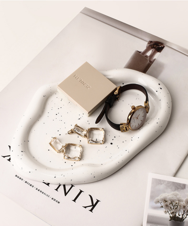 Speckled White Ceramic Tray Set (Round+Long+Irregular) - Jewelry Organizer & Fruit Dish for Home Decor | V1107-CS-PMBTCSNP