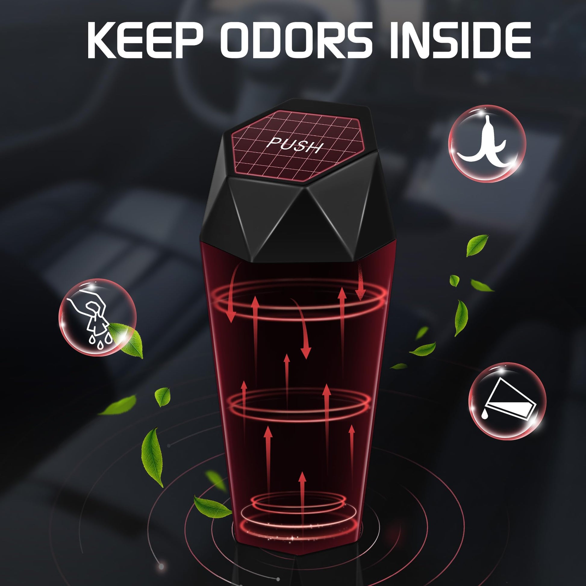 Push-Top Car Trash Can - Compact 600mL Auto-Close Garbage Bin for Cup Holder, Door Pocket & Desk, Waterproof, V1107-CS-QCMNLJT
