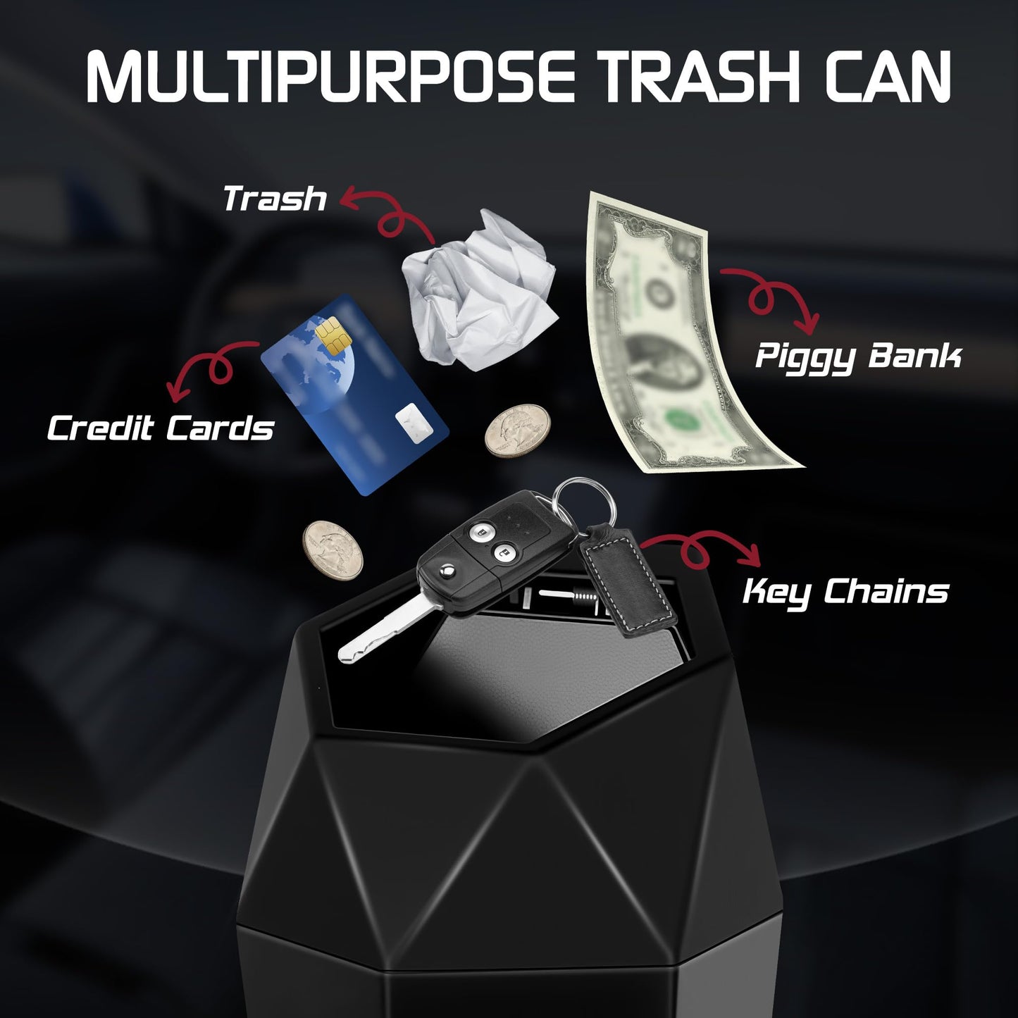 Push-Top Car Trash Can - Compact 600mL Auto-Close Garbage Bin for Cup Holder, Door Pocket & Desk, Waterproof, V1107-CS-QCMNLJT