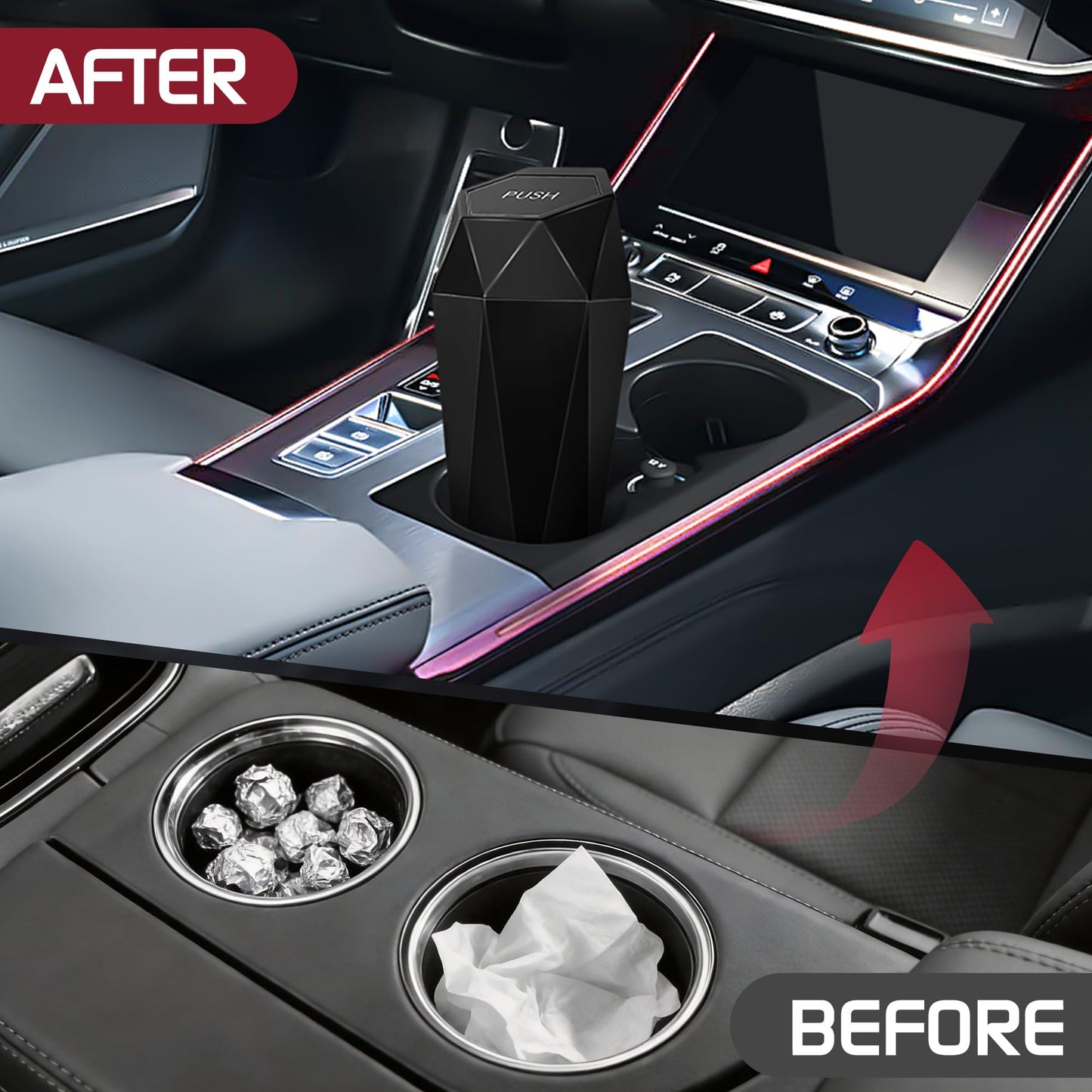 Push-Top Car Trash Can - Compact 600mL Auto-Close Garbage Bin for Cup Holder, Door Pocket & Desk, Waterproof, V1107-CS-QCMNLJT