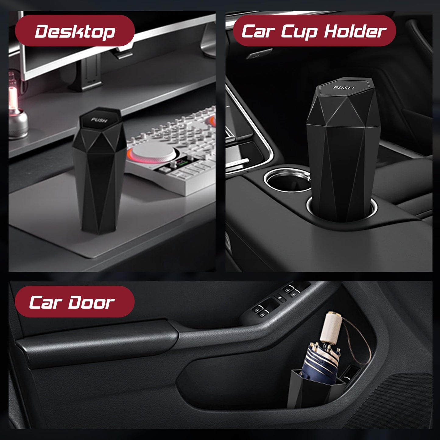 Push-Top Car Trash Can - Compact 600mL Auto-Close Garbage Bin for Cup Holder, Door Pocket & Desk, Waterproof, V1107-CS-QCMNLJT