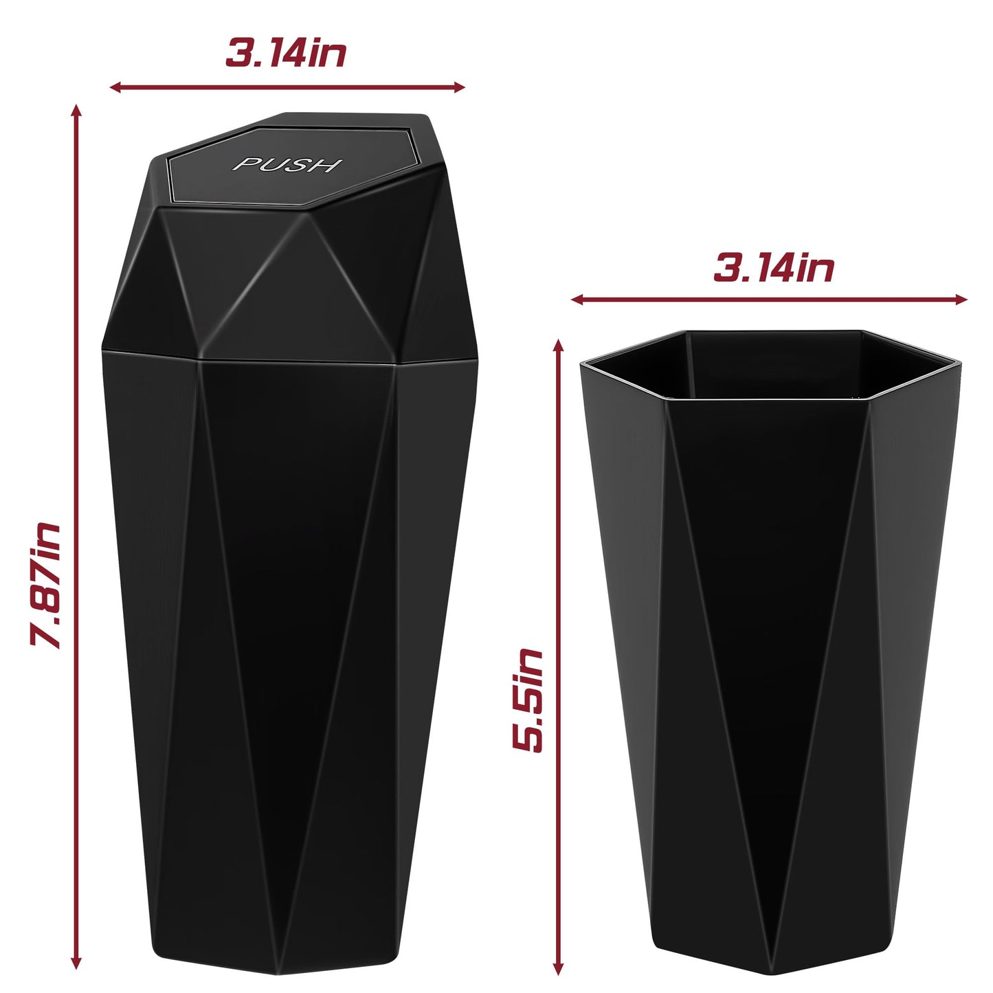 Push-Top Car Trash Can - Compact 600mL Auto-Close Garbage Bin for Cup Holder, Door Pocket & Desk, Waterproof, V1107-CS-QCMNLJT