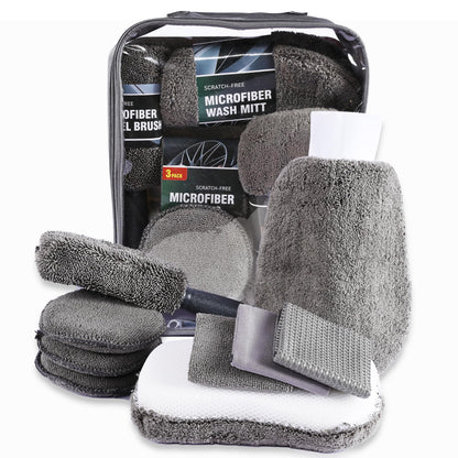 Multi-Use Car Cleaning Kit - 9-Piece Auto Detailing Set with Wash Mitt, Wheel Brush, Microfiber Cloths, V1107-CS-QCQJGJ