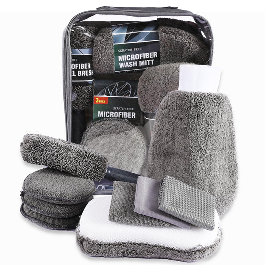 Multi-Use Car Cleaning Kit - 9-Piece Auto Detailing Set with Wash Mitt, Wheel Brush, Microfiber Cloths, V1107-CS-QCQJGJ