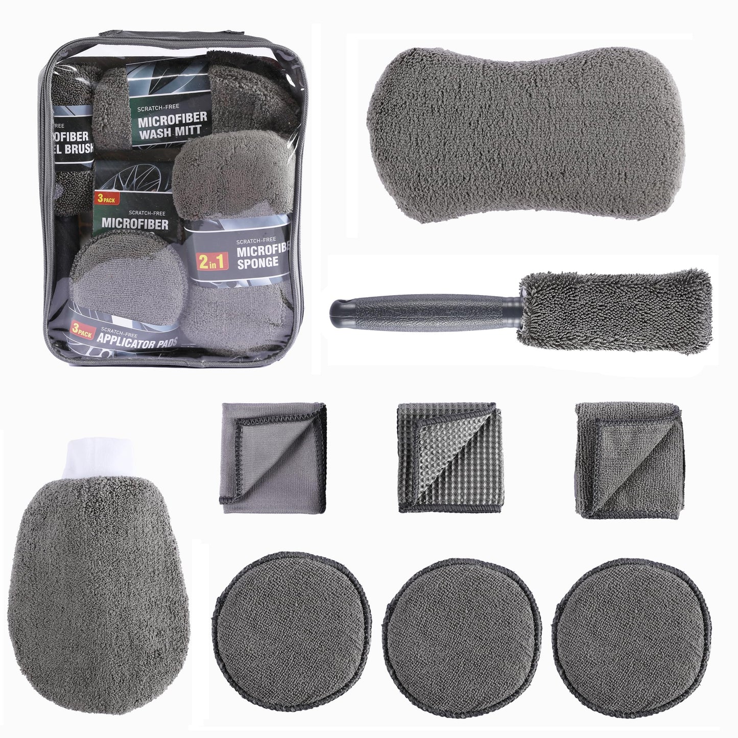 Multi-Use Car Cleaning Kit - 9-Piece Auto Detailing Set with Wash Mitt, Wheel Brush, Microfiber Cloths, V1107-CS-QCQJGJ