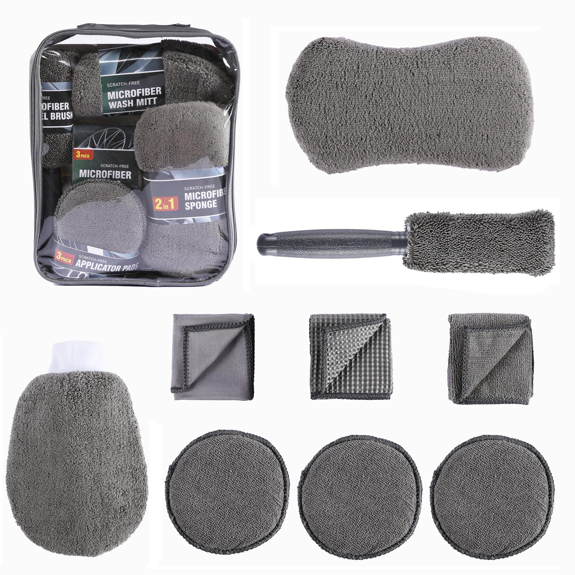 Multi-Use Car Cleaning Kit - 9-Piece Auto Detailing Set with Wash Mitt, Wheel Brush, Microfiber Cloths, V1107-CS-QCQJGJ