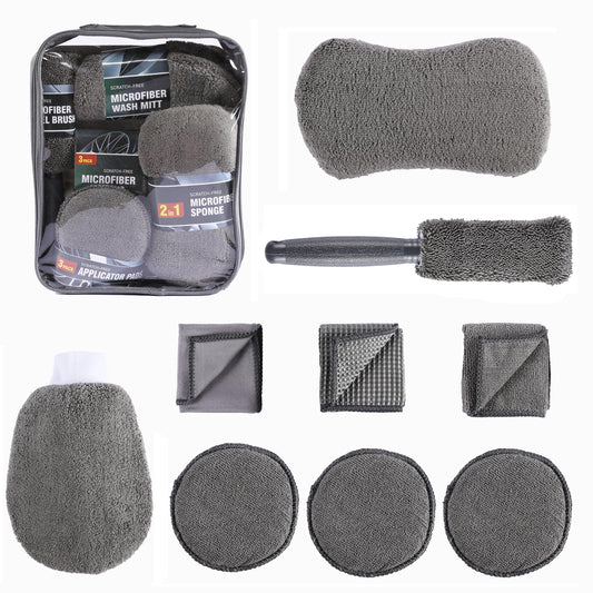 Multi-Use Car Cleaning Kit - 9-Piece Auto Detailing Set with Wash Mitt, Wheel Brush, Microfiber Cloths, V1107-CS-QCQJGJ