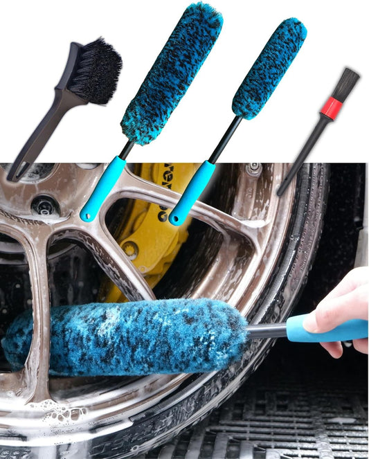 4-Piece Wheel Cleaning Brush Set with 2 Soft Wool Brushes, Detail Brush, Tire Brush, Bendable Neck, Anti-Slip V1107-CS-QCQJSSJT