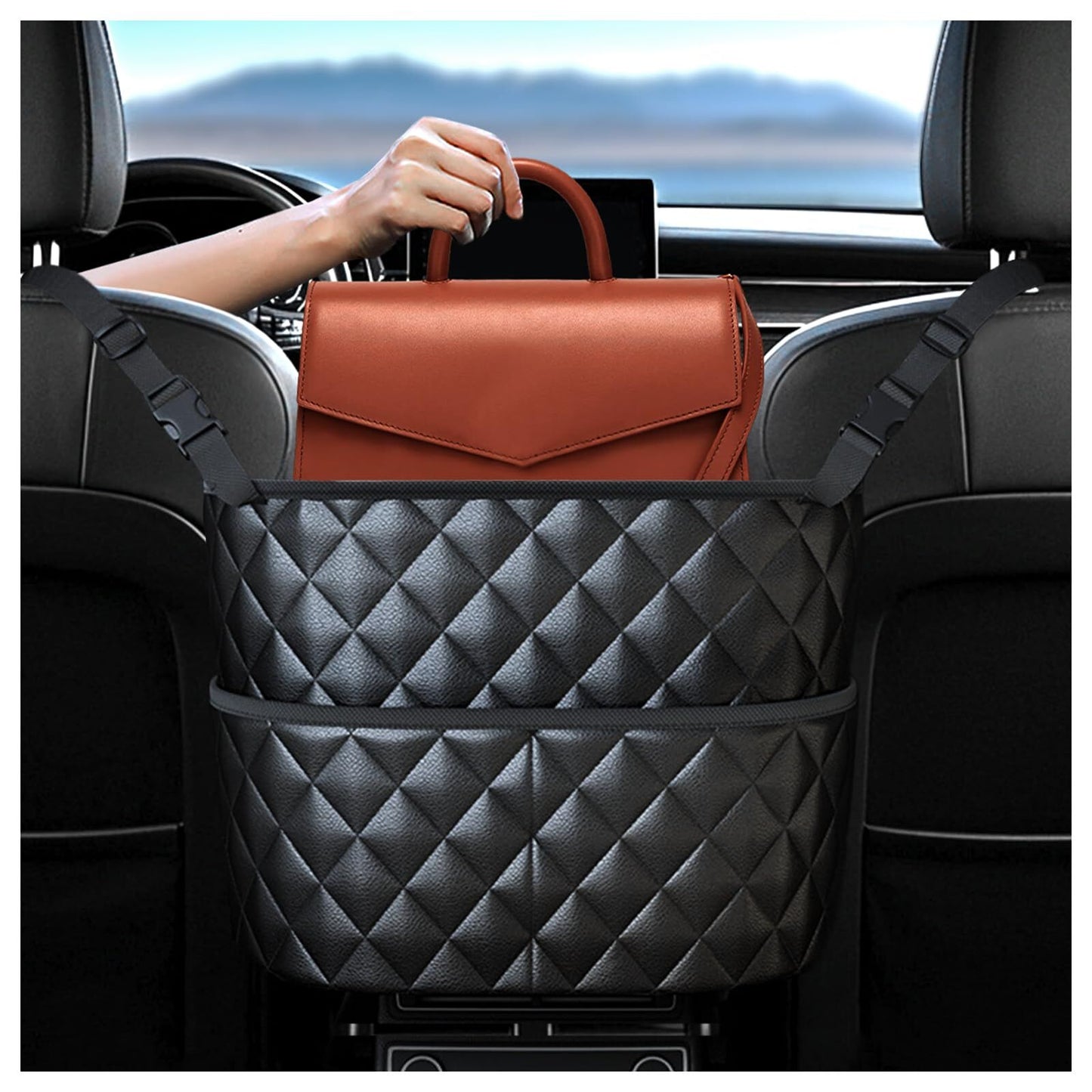 Car Seat Storage Bag: PU Leather Organizer with Hooks - Pet Barrier, Safe Driving Storage for Wallets/Phones V1107-CS-QCSND