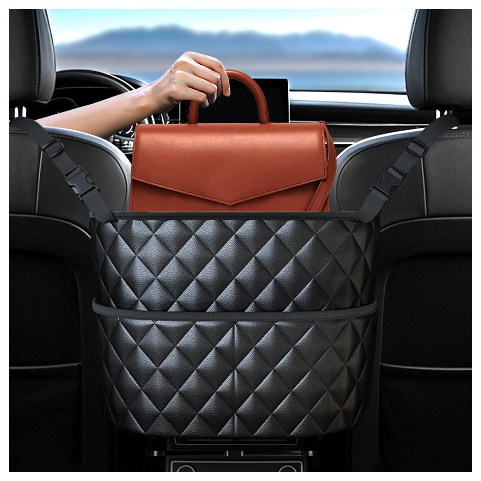 Car Seat Storage Bag: PU Leather Organizer with Hooks - Pet Barrier, Safe Driving Storage for Wallets/Phones V1107-CS-QCSND