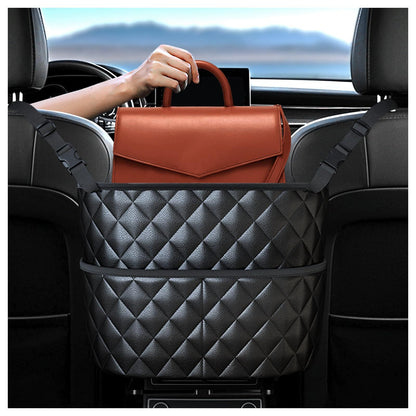 Car Seat Storage Bag: PU Leather Organizer with Hooks - Pet Barrier, Safe Driving Storage for Wallets/Phones V1107-CS-QCSND