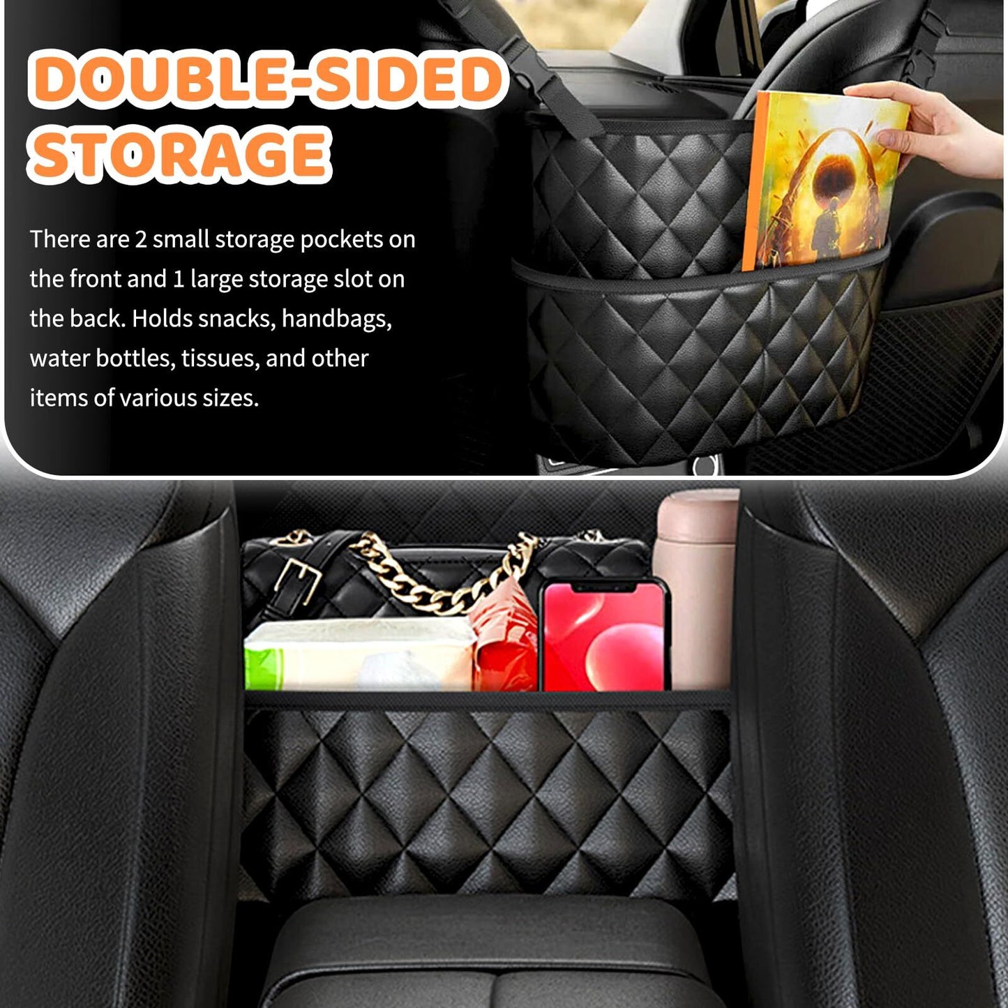 Car Seat Storage Bag: PU Leather Organizer with Hooks - Pet Barrier, Safe Driving Storage for Wallets/Phones V1107-CS-QCSND