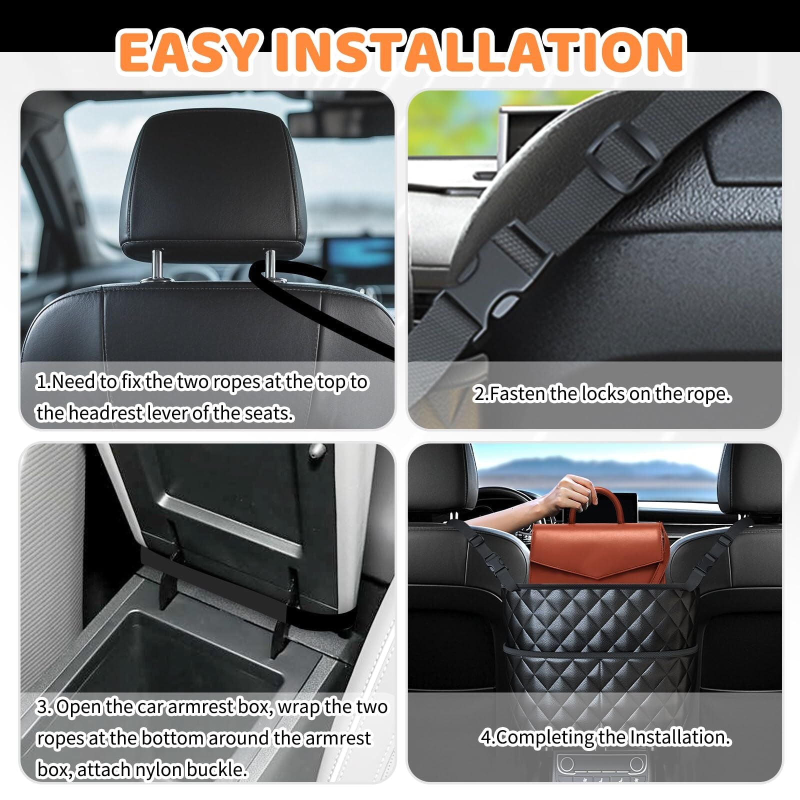 Car Seat Storage Bag: PU Leather Organizer with Hooks - Pet Barrier, Safe Driving Storage for Wallets/Phones V1107-CS-QCSND