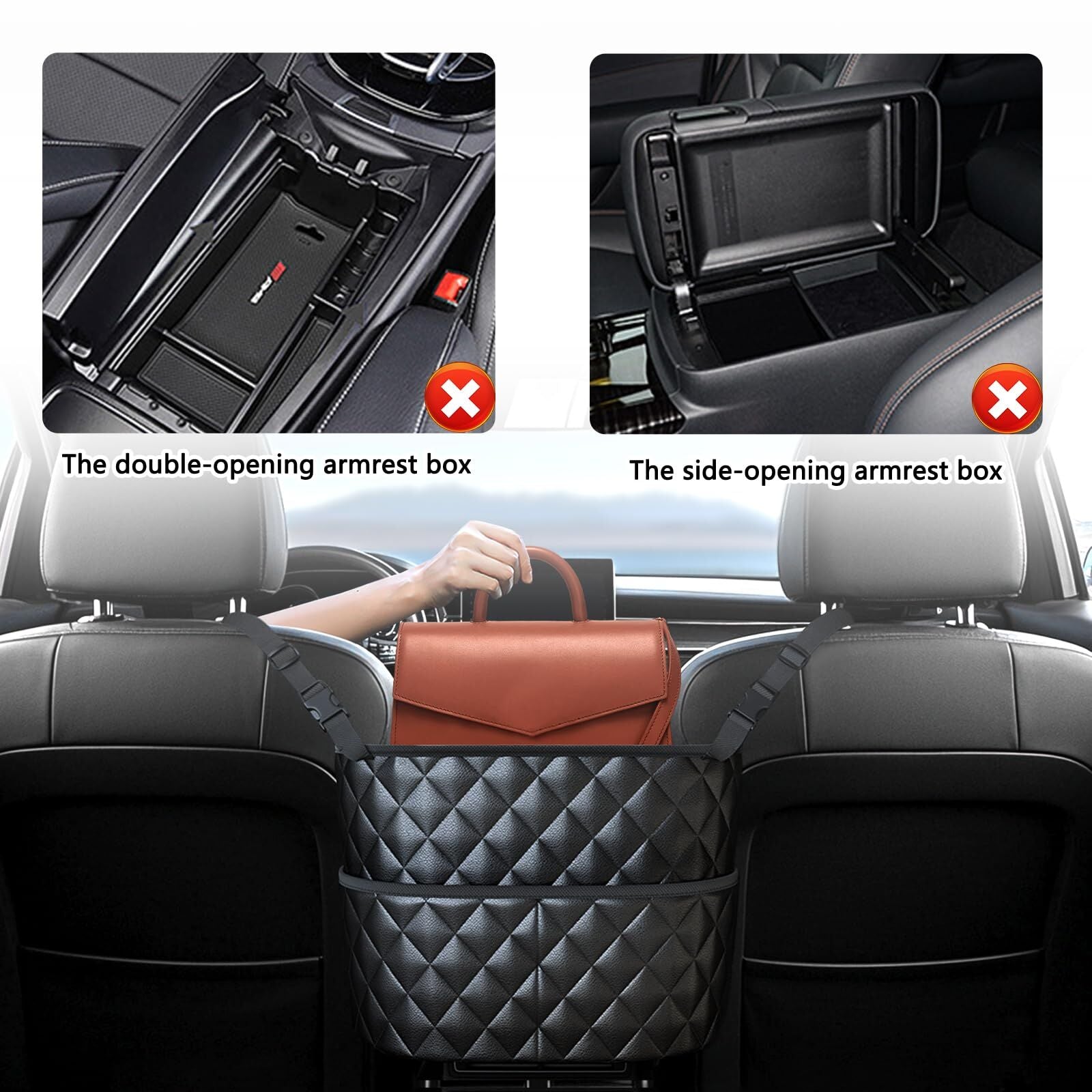 Car Seat Storage Bag: PU Leather Organizer with Hooks - Pet Barrier, Safe Driving Storage for Wallets/Phones V1107-CS-QCSND