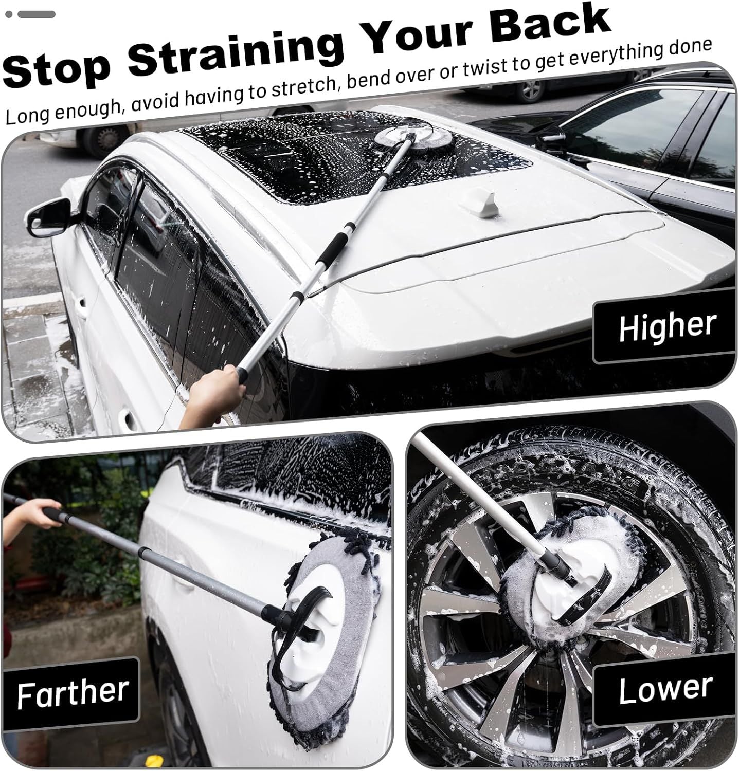 Telescopic Car Cleaning Mop with 4-Section Aluminum Pole, Rotating Microfiber Head, Anti-Slip Grip, V1107-CS-QCXCTBH