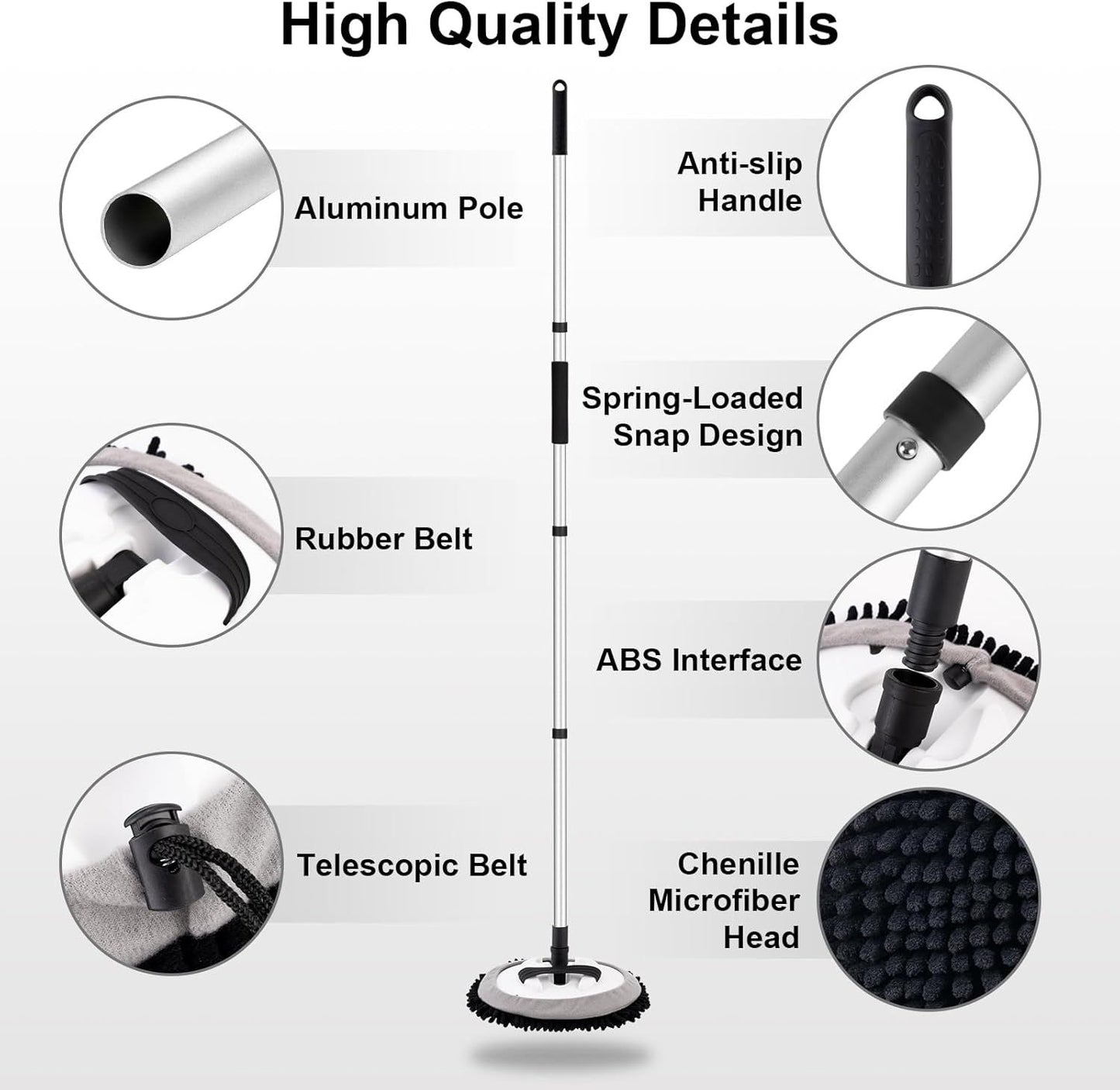 Telescopic Car Cleaning Mop with 4-Section Aluminum Pole, Rotating Microfiber Head, Anti-Slip Grip, V1107-CS-QCXCTBH