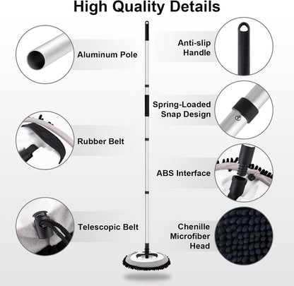 Telescopic Car Cleaning Mop with 4-Section Aluminum Pole, Rotating Microfiber Head, Anti-Slip Grip, V1107-CS-QCXCTBH