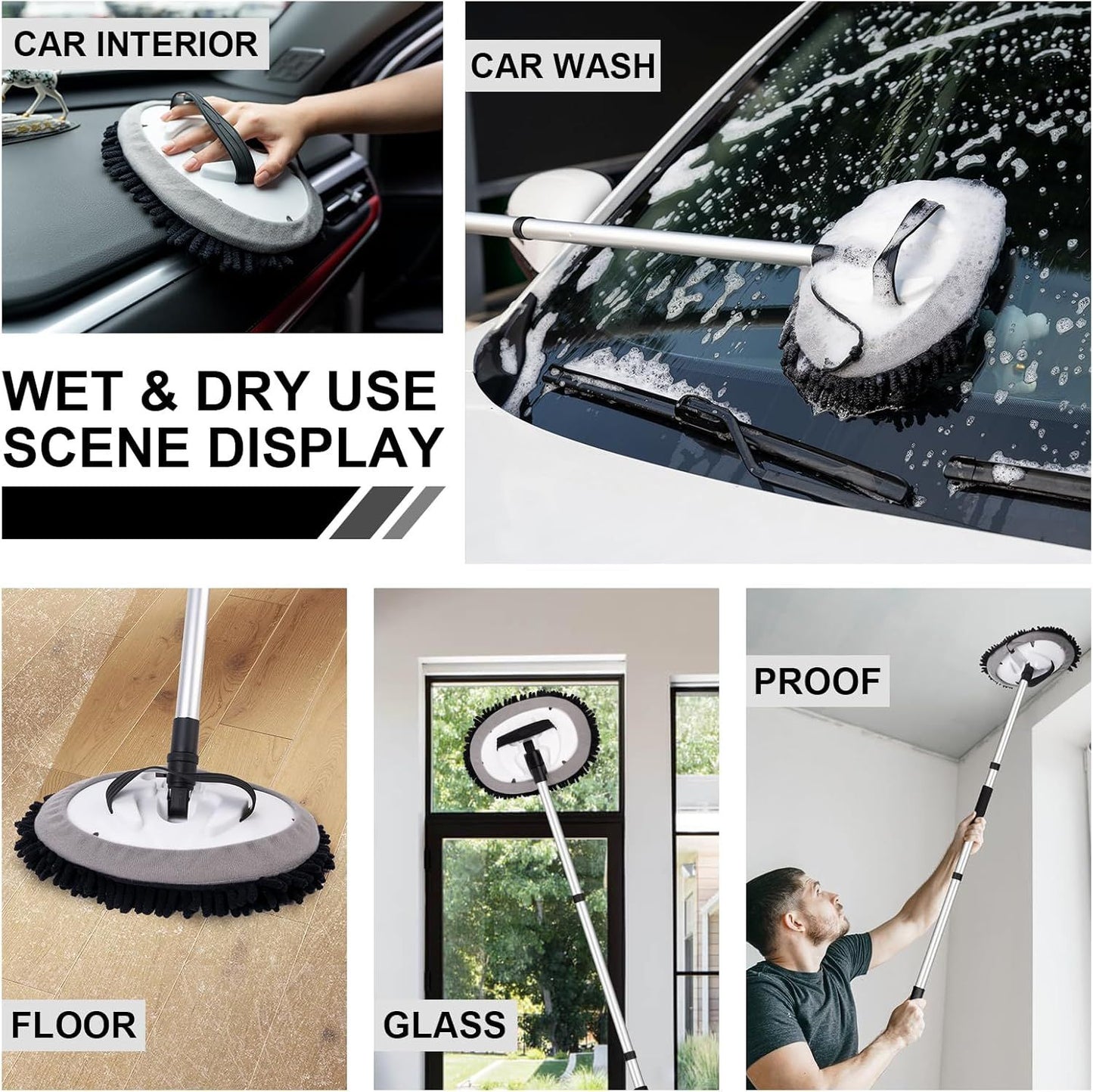 Telescopic Car Cleaning Mop with 4-Section Aluminum Pole, Rotating Microfiber Head, Anti-Slip Grip, V1107-CS-QCXCTBH