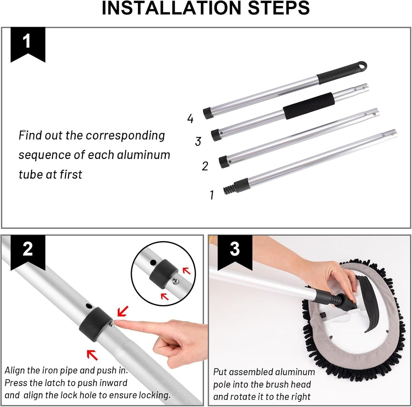 Telescopic Car Cleaning Mop with 4-Section Aluminum Pole, Rotating Microfiber Head, Anti-Slip Grip, V1107-CS-QCXCTBH