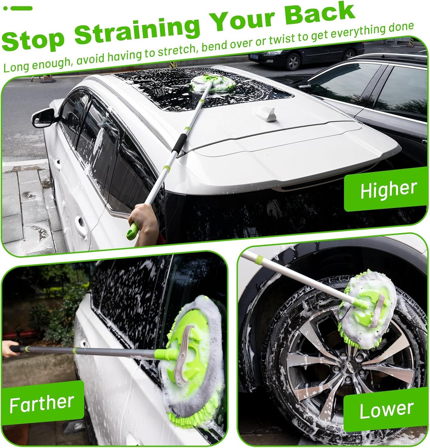 Telescopic Car Cleaning Mop with 4-Section Aluminum Pole, Rotating Microfiber Head, Anti-Slip Grip, V1107-CS-QCXCTBL