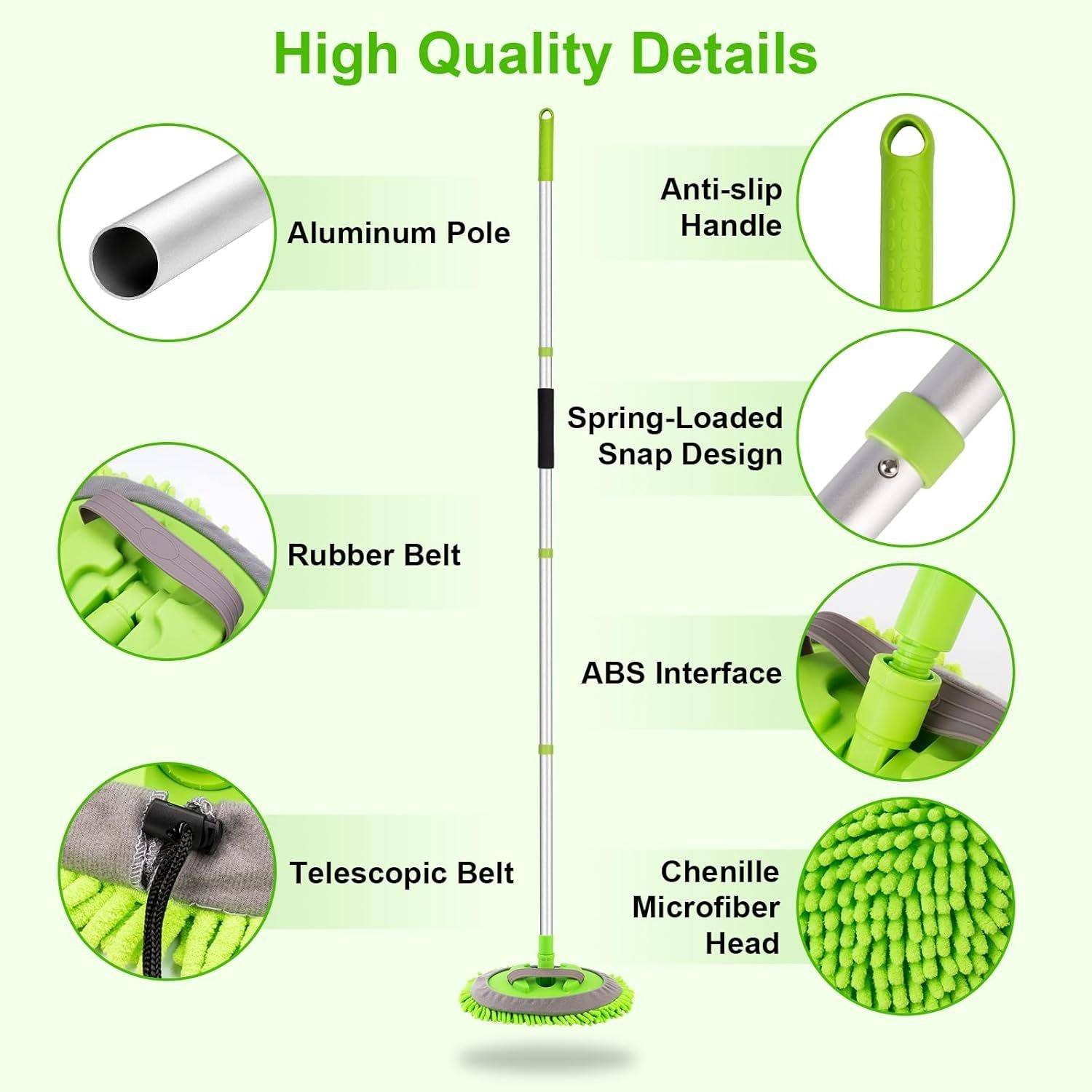 Telescopic Car Cleaning Mop with 4-Section Aluminum Pole, Rotating Microfiber Head, Anti-Slip Grip, V1107-CS-QCXCTBL