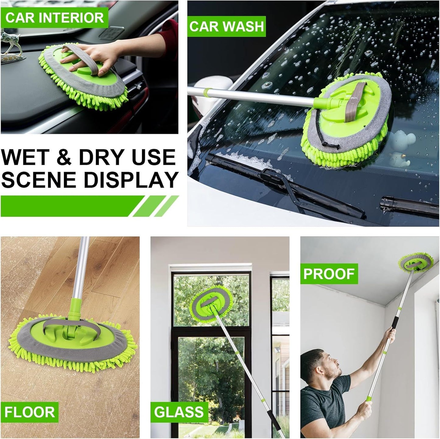 Telescopic Car Cleaning Mop with 4-Section Aluminum Pole, Rotating Microfiber Head, Anti-Slip Grip, V1107-CS-QCXCTBL