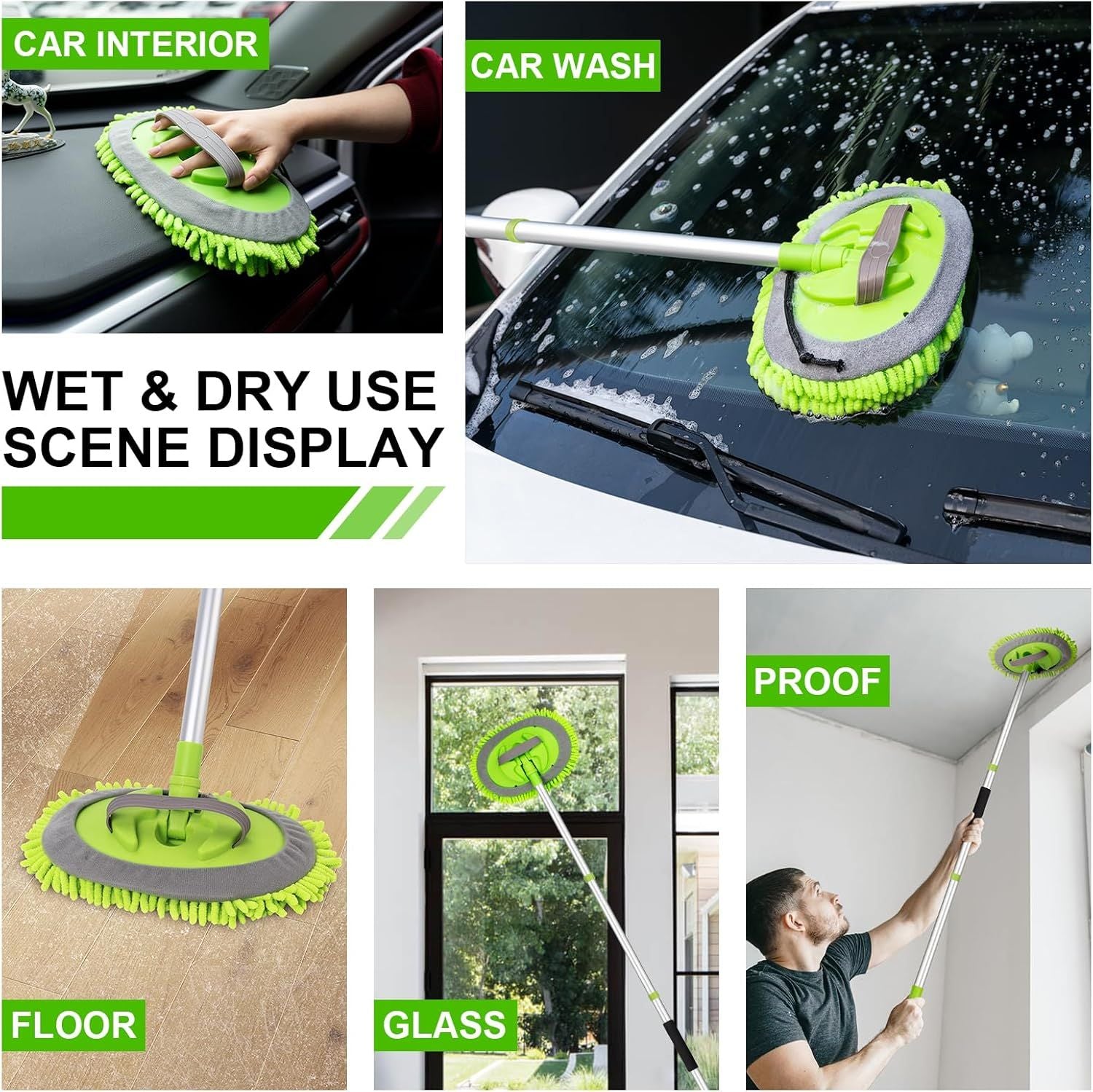 Telescopic Car Cleaning Mop with 4-Section Aluminum Pole, Rotating Microfiber Head, Anti-Slip Grip, V1107-CS-QCXCTBL